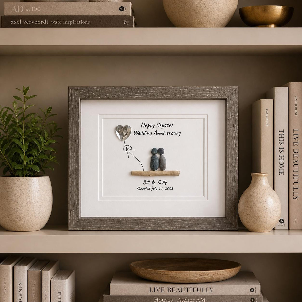 15th Wedding Anniversary Personalized Gift, Crystal Anniversary Pebble Art, 8x10 Framed Anniversary Gift for Wife, Husband, Parents