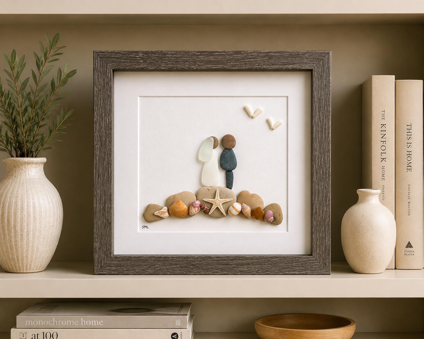 Personalized Beach Wedding Gift, 9x9 Framed Pebble and Sea Glass Art, Perfect Wedding Gift, Engagement Gift, Bridal Shower Gift
