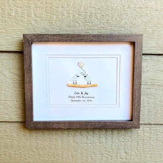 30th Anniversary "Pearl" Sea Glass Love Birds, 8x10"