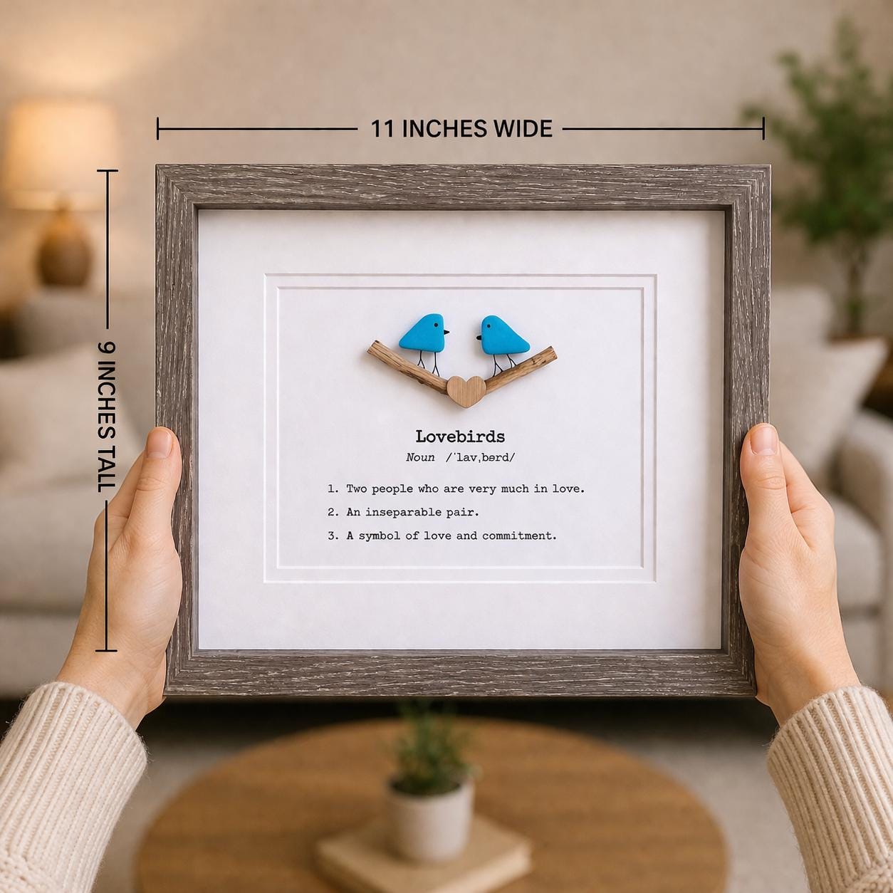 Lovebirds Sea Glass Art Showing Two Birds in Love, Framed 8x10 Valentine’s Day Gift, Unique Romantic Artwork