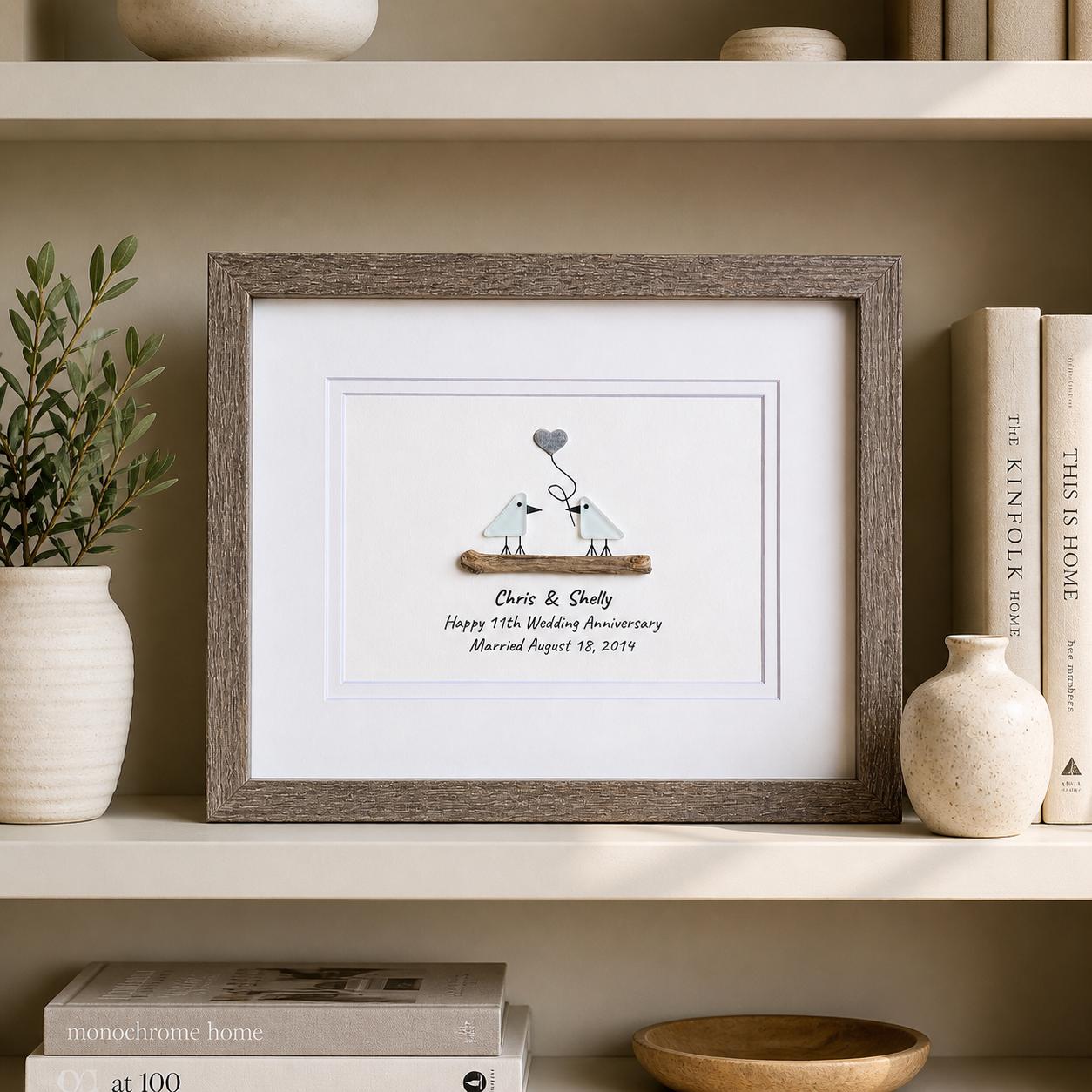 11th Wedding Anniversary Pebble Art | Steel Anniversary Gift | Sea Glass Love Birds