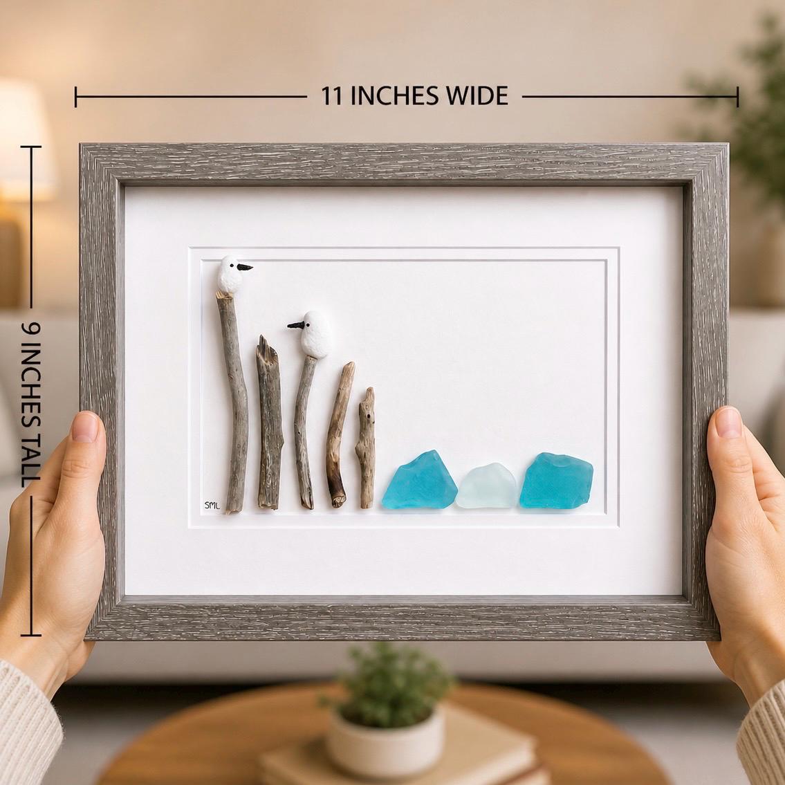 Seagull Pebble & Sea Glass Art, Framed Coastal Decor (8x10)