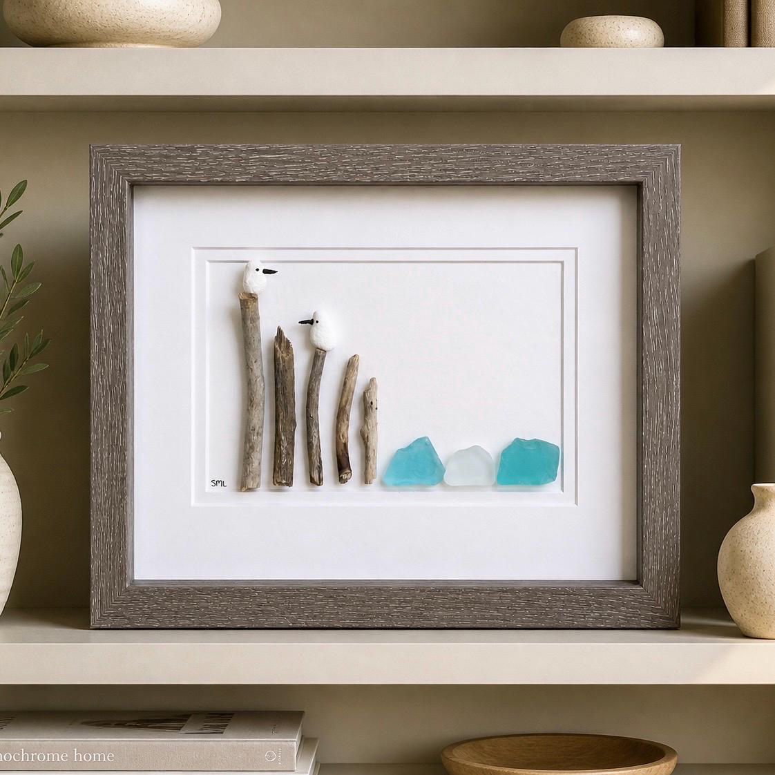 Seagull Pebble & Sea Glass Art, Framed Coastal Decor (8x10)