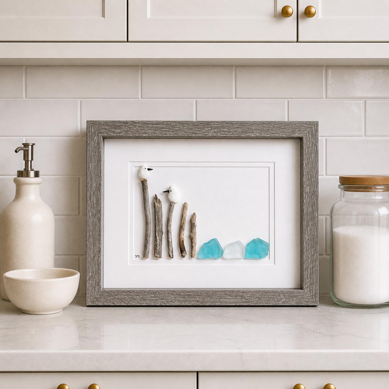 Seagull Pebble & Sea Glass Art, Framed Coastal Decor (8x10)