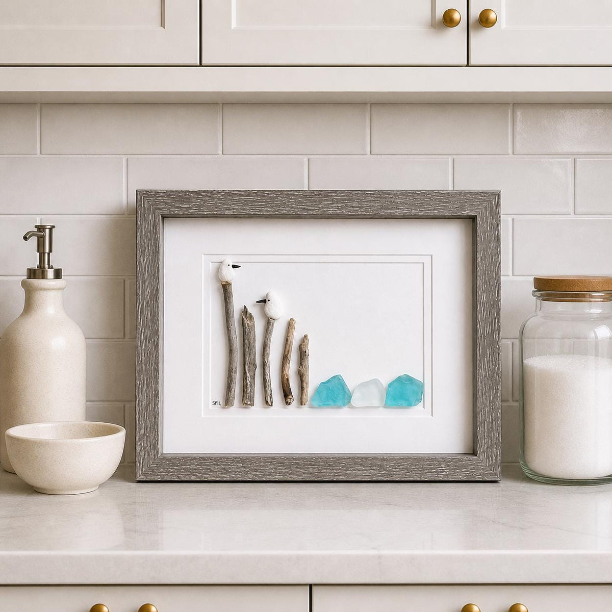 Seagull Pebble & Sea Glass Art, Framed Coastal Decor (8x10)