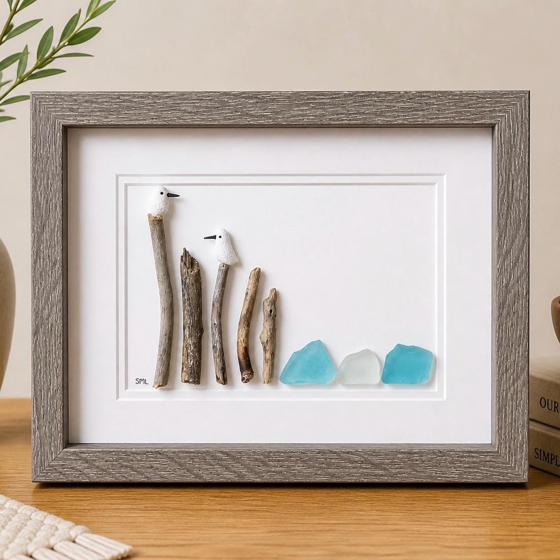 Seagull Pebble & Sea Glass Art, Framed Coastal Decor (8x10)