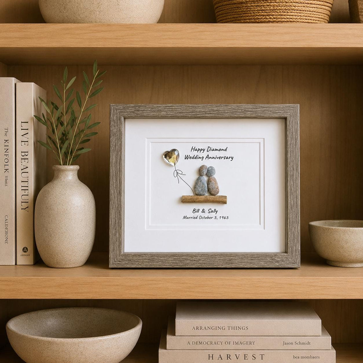 60th Diamond Wedding Anniversary 8x10" Framed Pebble Art, Personalized Anniversary Gift for Parents, Wife, Husband, Friends