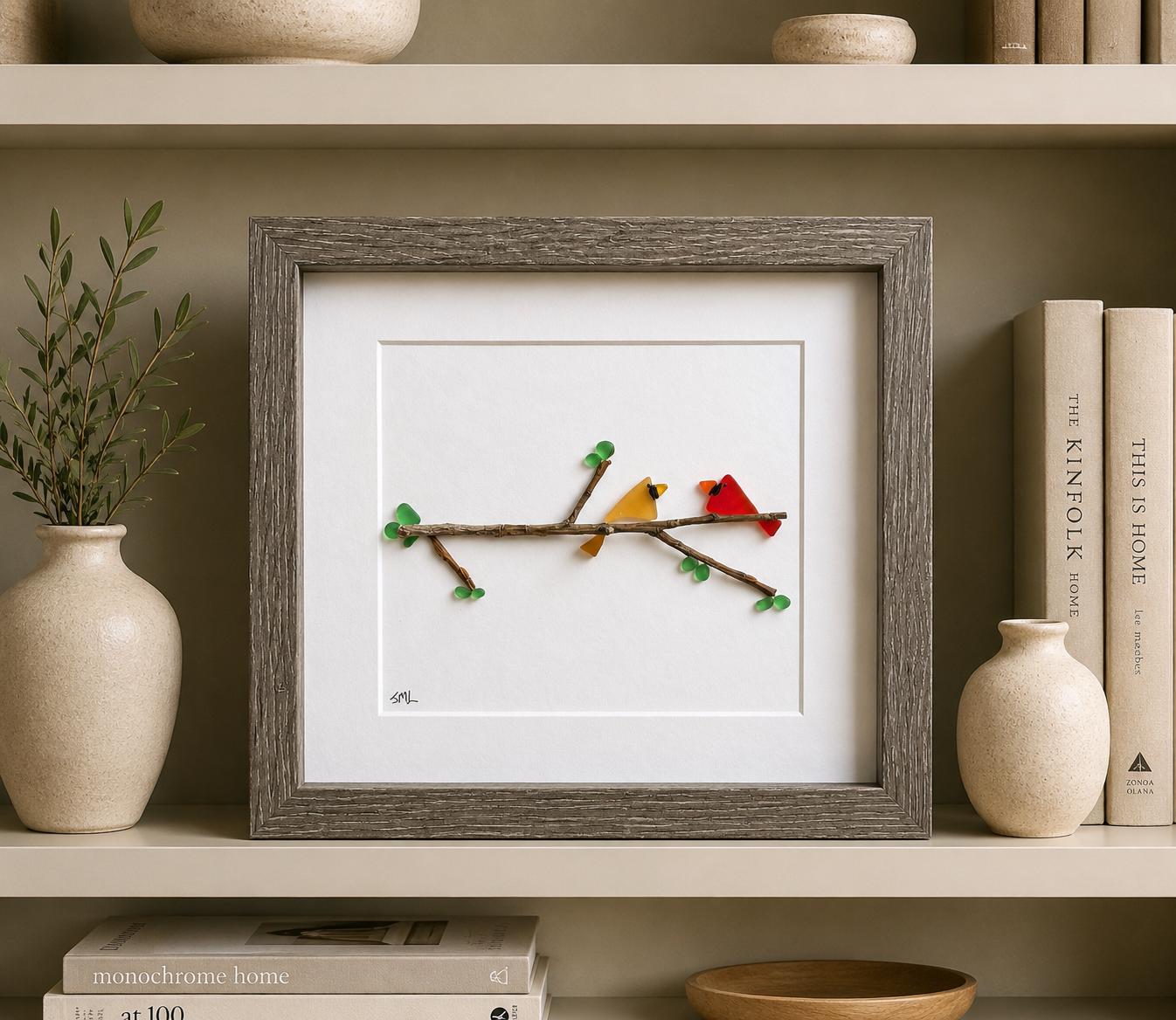 Sea Glass Cardinal Wall Art | Framed Bird Art | Memorial Gift