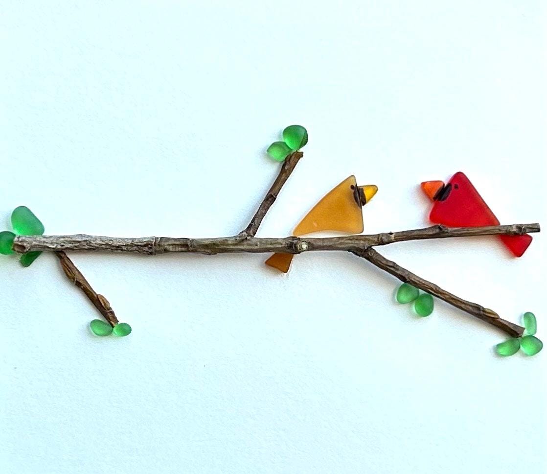 Cardinals on the Branch | Pair of Cardinals in Tree | Unique Friendship Gift | Family Gift | Framed Handmade Artwork | 8x8 Sea Glass Art