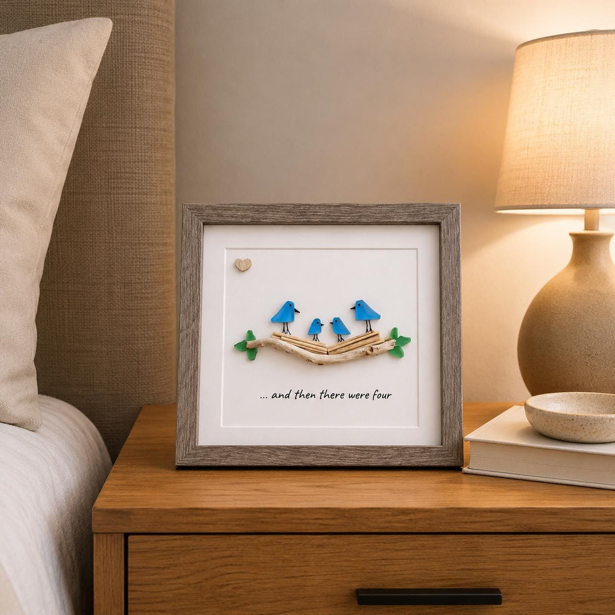 Sea Glass Bird Family of Four, 8x8 Personalized Framed Picture, New Baby Gift, Mother’s Day Gift, Handmade Artwork, New Parents Gift
