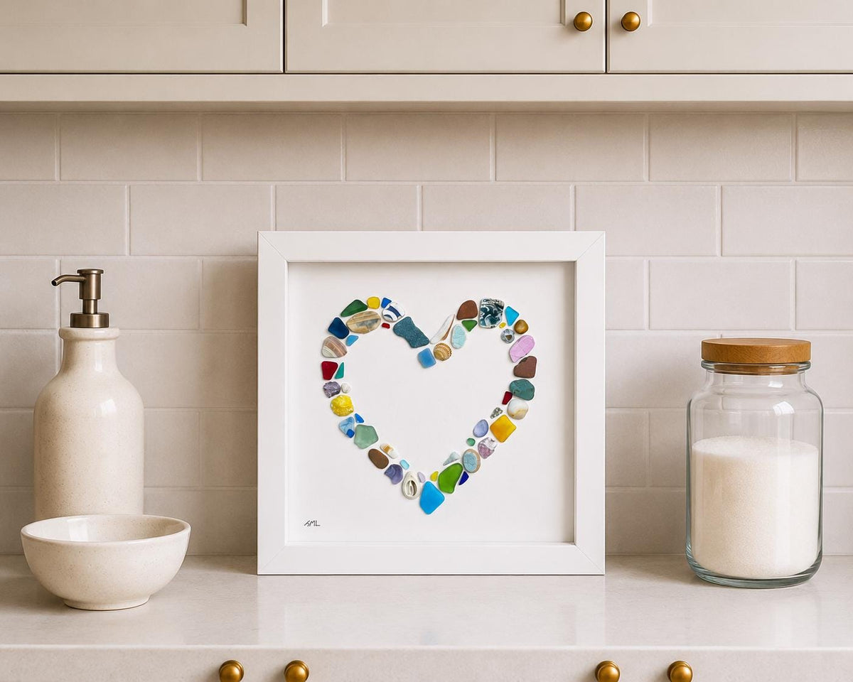 Colorful Heart Beach Collage Made of Scottish Sea Glass, Shells, Sea Pottery and Pebbles, 9x9 Framed Handmade Original Wall Decor