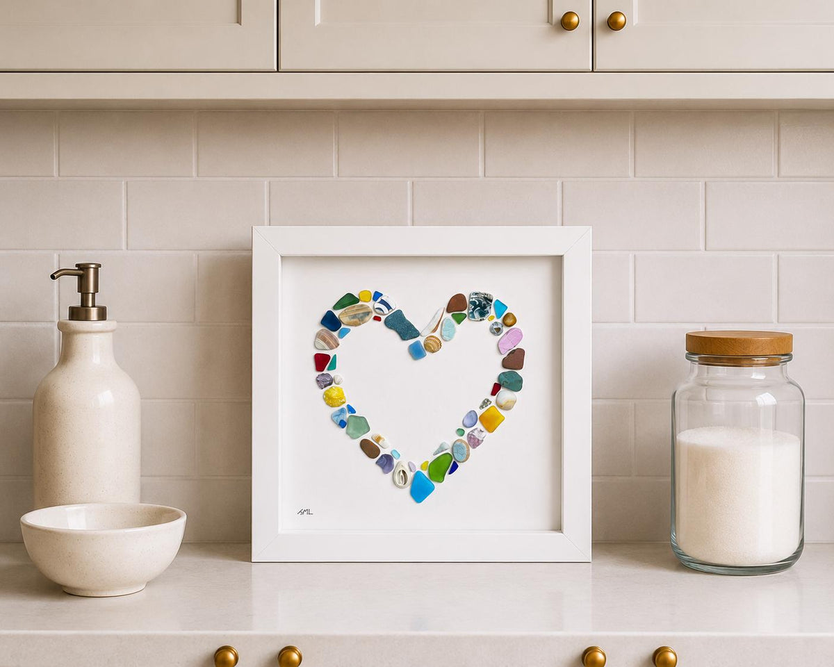 Colorful Heart Beach Collage Made of Scottish Sea Glass, Shells, Sea Pottery and Pebbles, 9x9 Framed Handmade Original Wall Decor