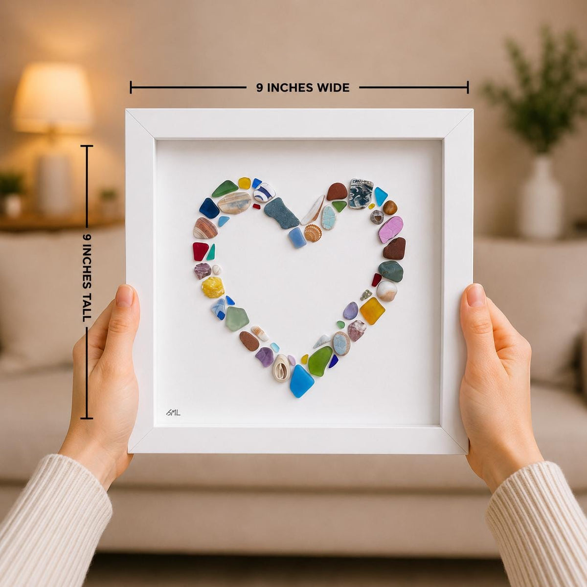 Colorful Heart Beach Collage Made of Scottish Sea Glass, Shells, Sea Pottery and Pebbles, 9x9 Framed Handmade Original Wall Decor