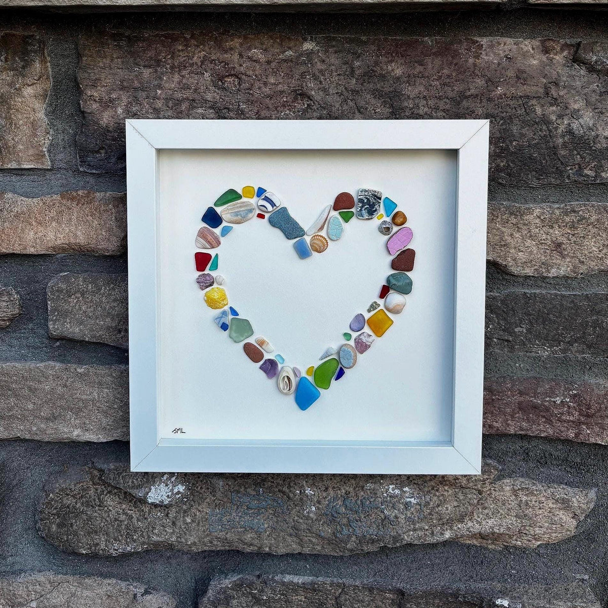Colorful Heart Beach Collage Made of Scottish Sea Glass, Shells, Sea Pottery and Pebbles, 9x9 Framed Handmade Original Wall Decor