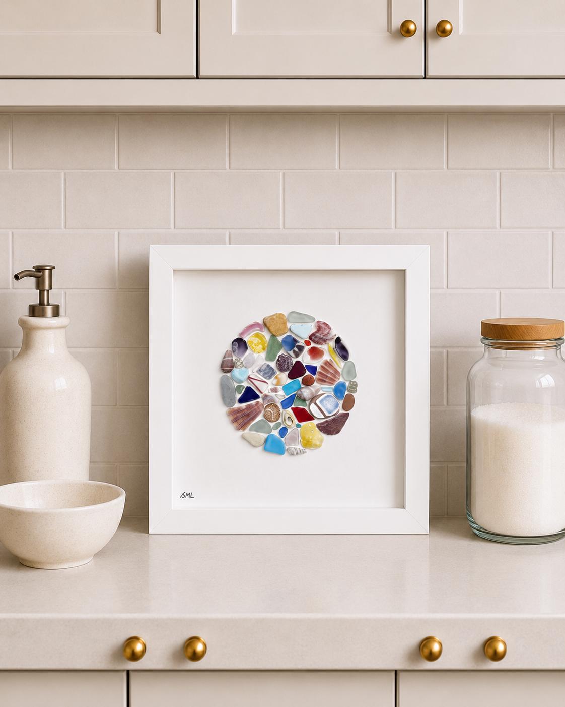 Colorful Sea Glass Circle Collage | 9x9 Framed Beach Art with Shells & Pottery | Handmade Coastal Wall Decor