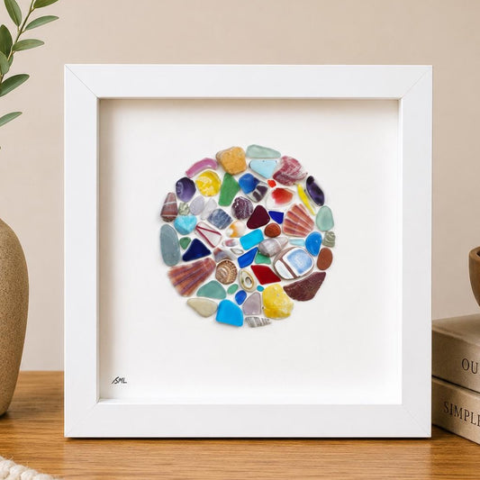 Colorful Sea Glass Circle Collage | 9x9 Framed Beach Art with Shells & Pottery | Handmade Coastal Wall Decor
