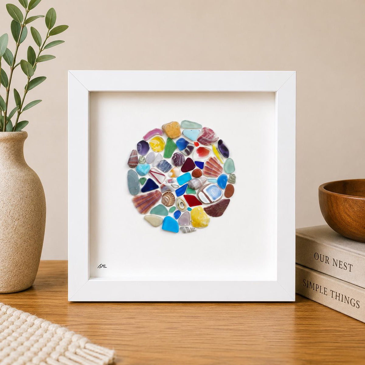 Colorful Sea Glass Circle Collage | 9x9 Framed Beach Art with Shells & Pottery | Handmade Coastal Wall Decor