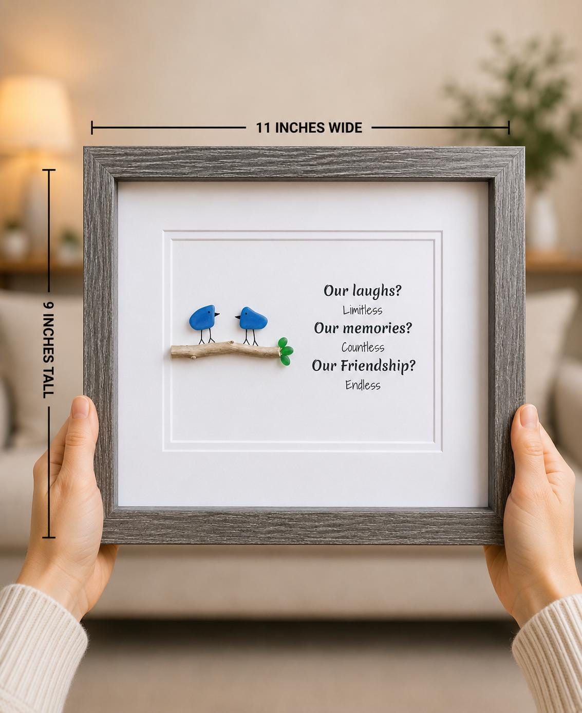 Laughs, Memories and Friendship | Two Birds on a Branch | Minimalist Beach Decor | Gift for Friend | Friendship Saying | 8x10 Sea Glass Art