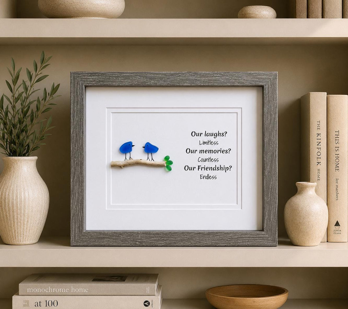 Laughs, Memories and Friendship | Two Birds on a Branch | Minimalist Beach Decor | Gift for Friend | Friendship Saying | 8x10 Sea Glass Art
