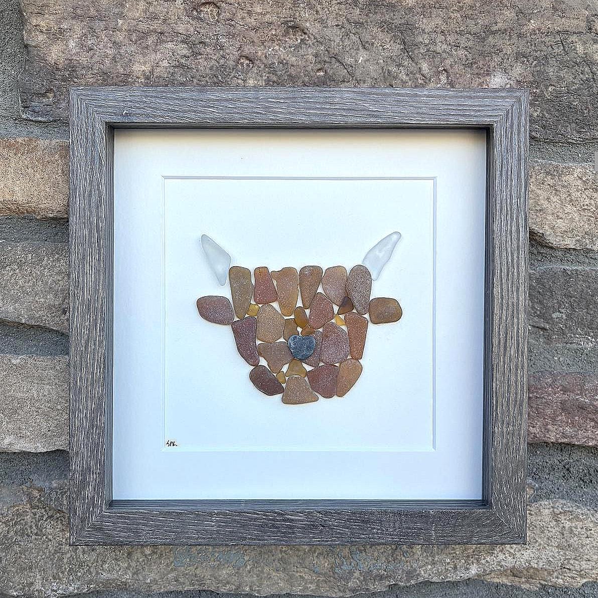 Highland Cow Sea Glass Art, Scottish Sea Glass Cow Decor, Coastal Farmhouse Wall Art, Handmade Beach Glass Gift, Rustic Cow Keepsake