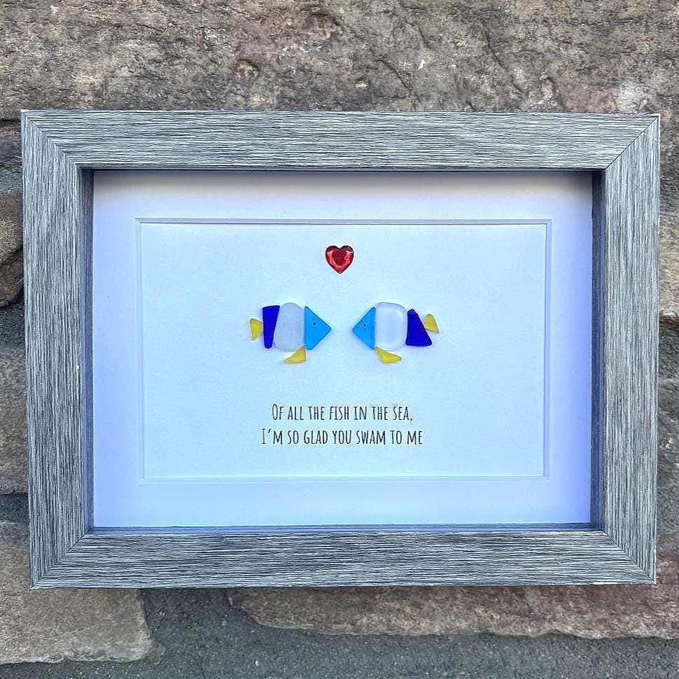 Fish Sea Glass Art Gift for Him or Her, Of All the Fish in the Sea, Beach Glass Love Gift, Anniversary Gift, Coastal Couple Decor
