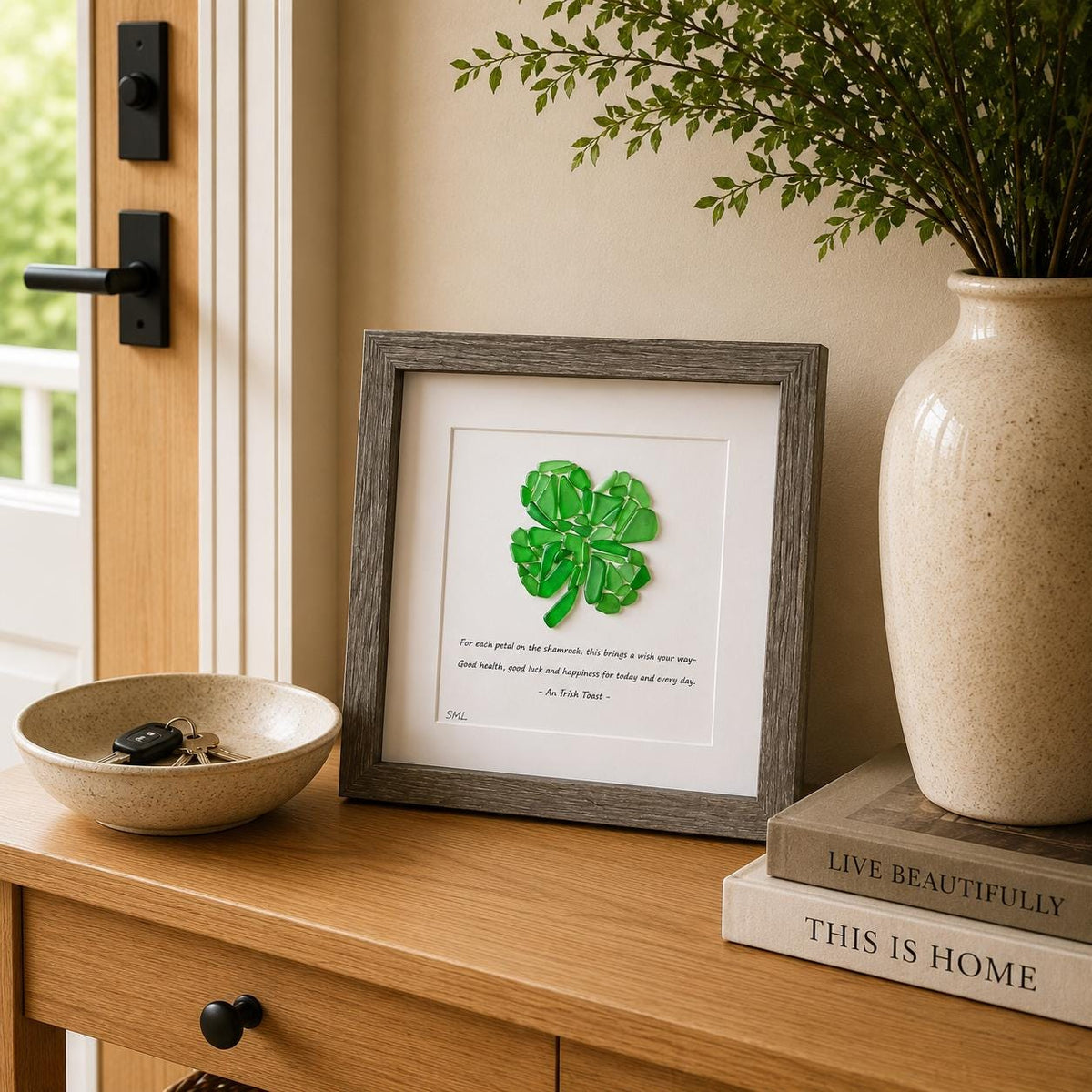 Shamrock Sea Glass Art, Handmade Lucky Four Leaf Clover Wall Art, Irish Blessing Keepsake