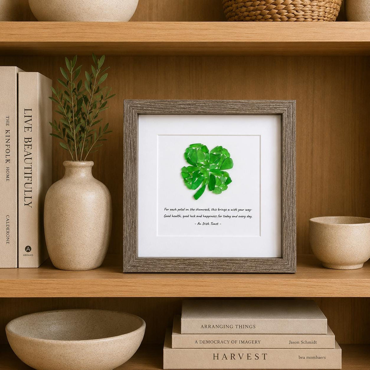 Shamrock Sea Glass Art, Handmade Lucky Four Leaf Clover Wall Art, Irish Blessing Keepsake