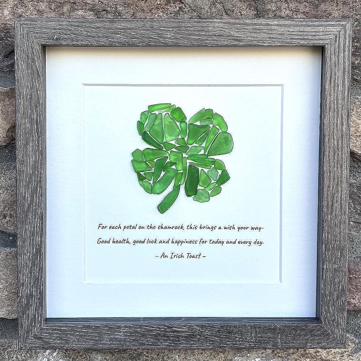 Shamrock Sea Glass Art, Handmade Lucky Four Leaf Clover Wall Art, Irish Blessing Keepsake