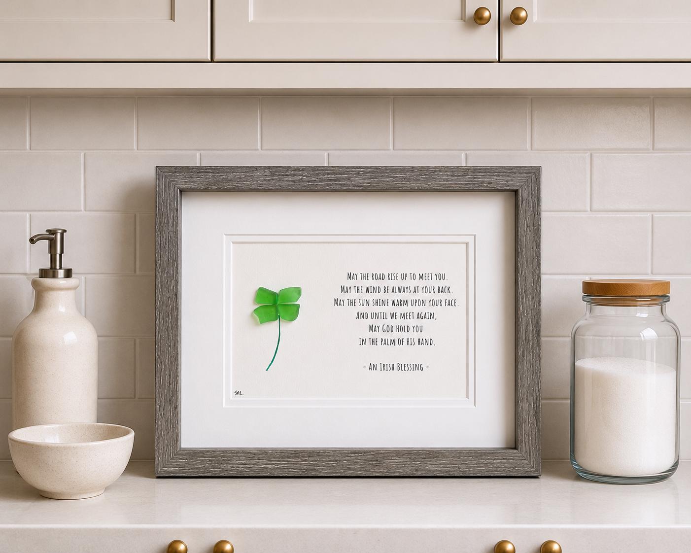 Irish Sea Glass Shamrock Framed Art, St. Patrick's Day Blessing