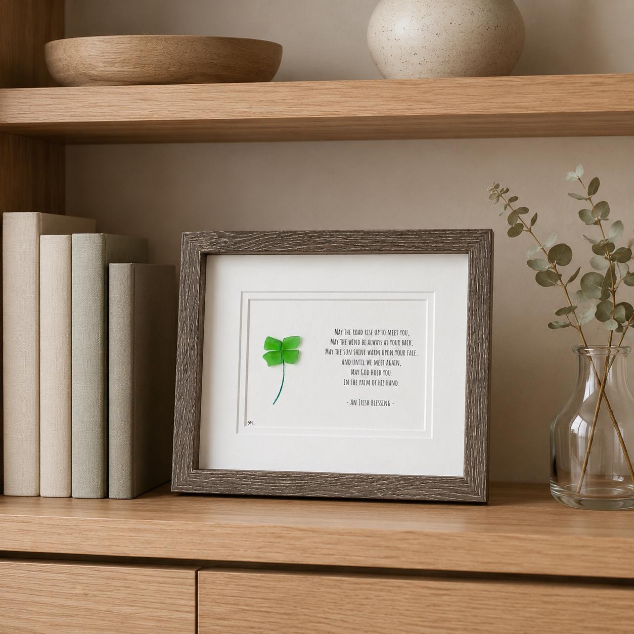 Irish Sea Glass Shamrock Framed Art, St. Patrick's Day Blessing