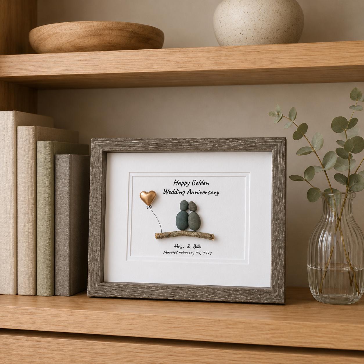 Golden Wedding Anniversary Personalized Pebble Art, 8x10 Framed 50th Anniversary Gift for Parents, Friends, Spouse