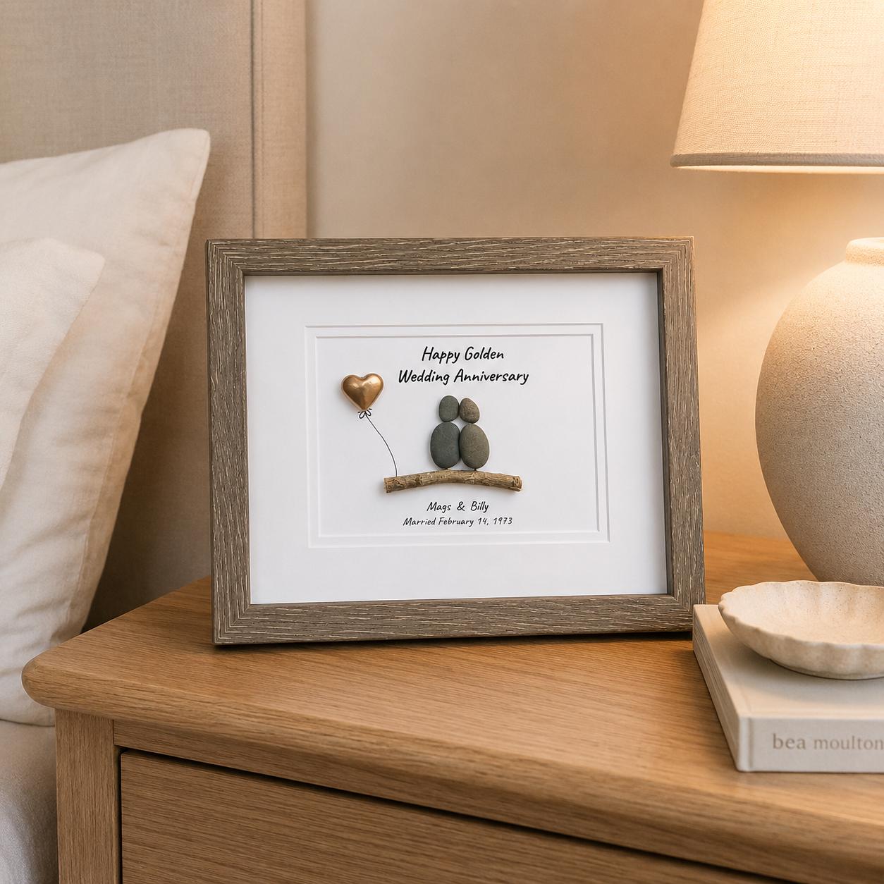 Golden Wedding Anniversary Personalized Pebble Art, 8x10 Framed 50th Anniversary Gift for Parents, Friends, Spouse