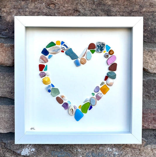Hollow Heart Shaped Beach Mosaic | Colorful Glass, Shells, Pottery and, Pebbles | Love Art | Handmade Original Coastal Decor | 8x8 Beach Art