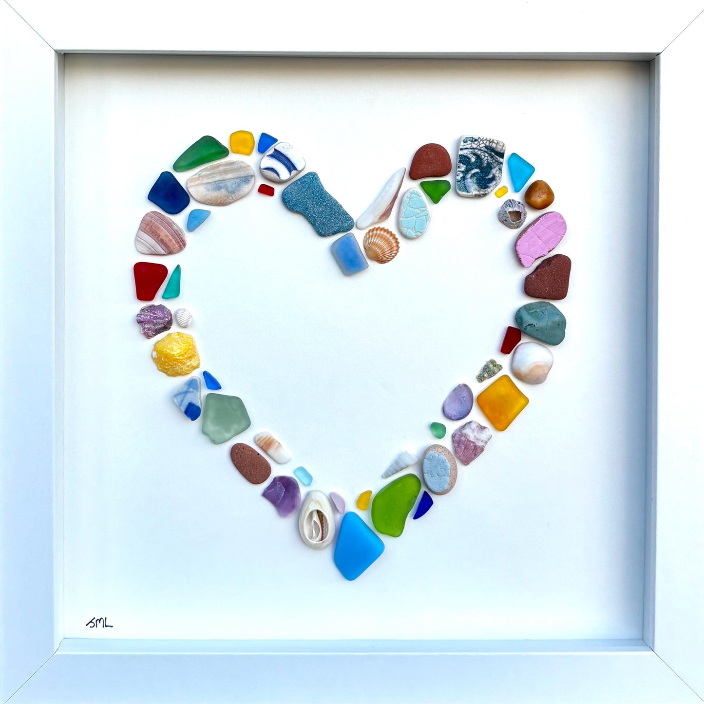 Hollow Heart Shaped Beach Mosaic | Colorful Glass, Shells, Pottery and, Pebbles | Love Art | Handmade Original Coastal Decor | 8x8 Beach Art