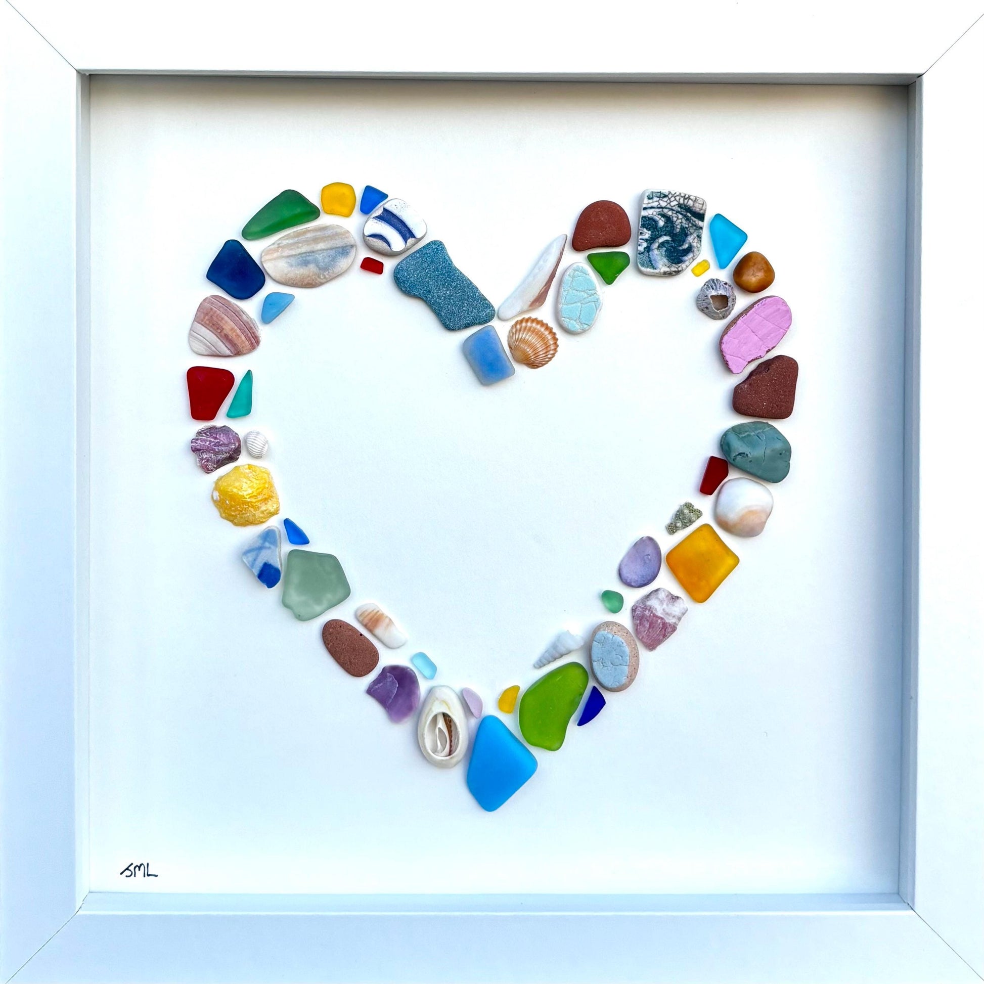 Hollow Heart Shaped Beach Mosaic | Colorful Glass, Shells, Pottery and, Pebbles | Love Art | Handmade Original Coastal Decor | 8x8 Beach Art
