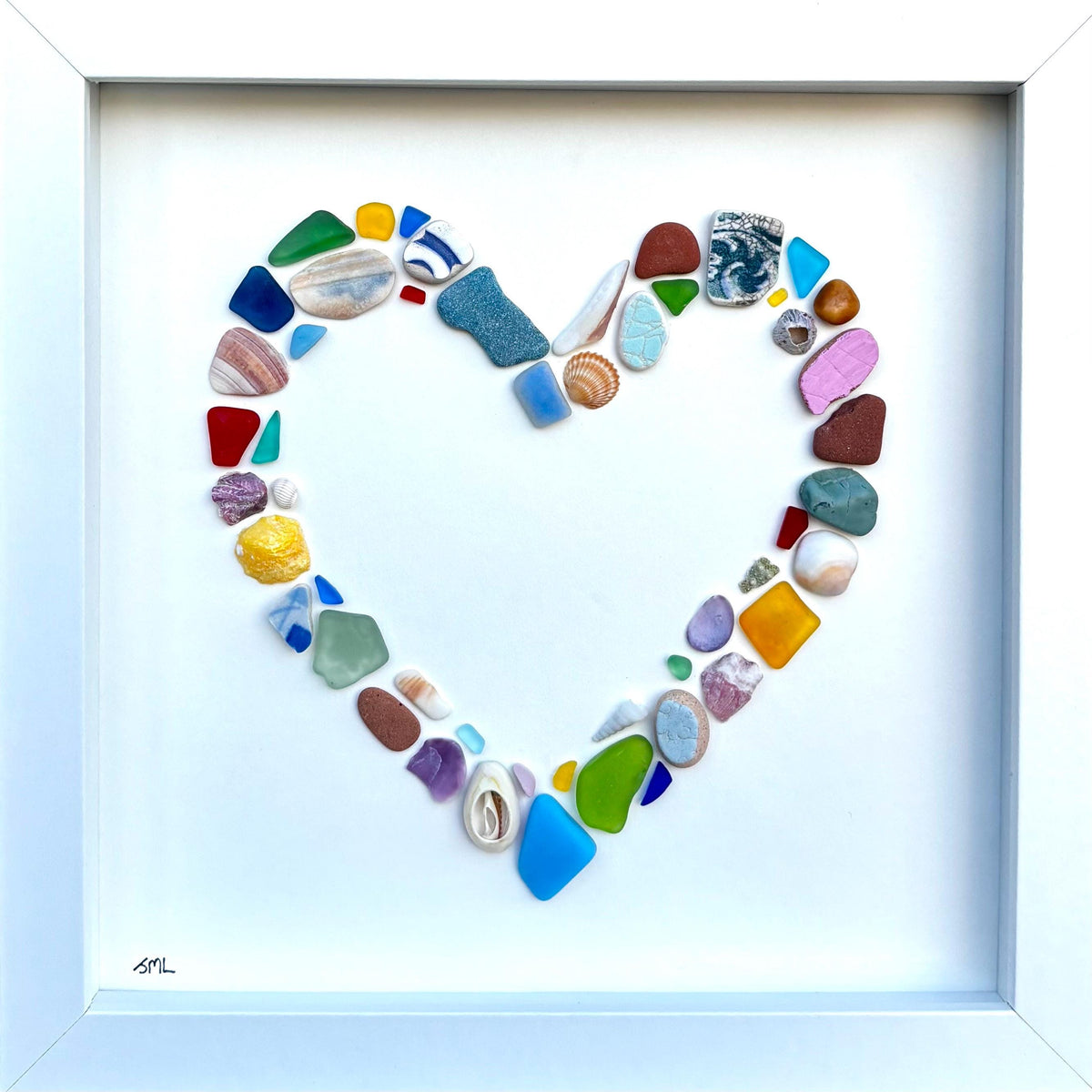 Hollow Heart Shaped Beach Mosaic | Colorful Glass, Shells, Pottery and, Pebbles | Love Art | Handmade Original Coastal Decor | 8x8 Beach Art