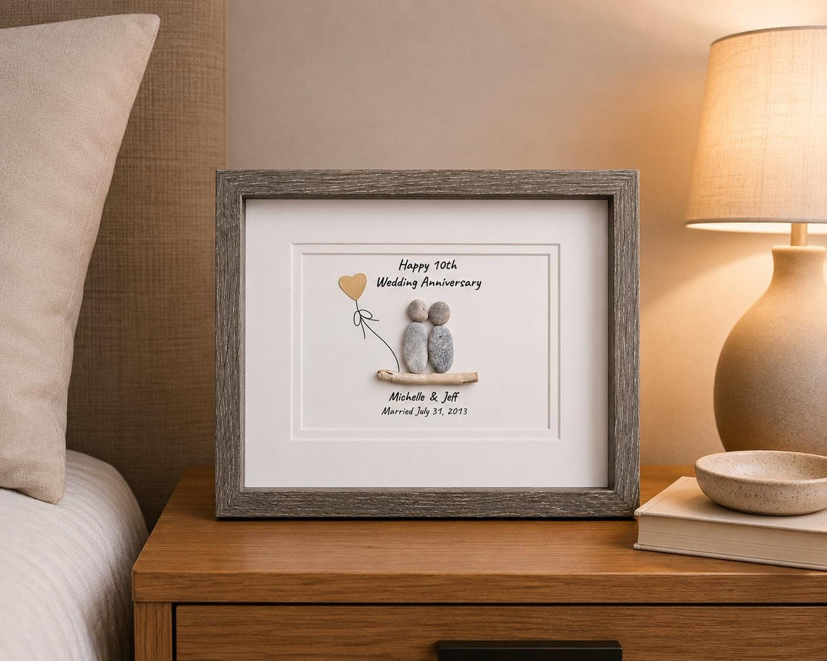 10th Wedding Anniversary Gift | Personalized Tin Anniversary Art | 8x10 Handmade Pebble Picture for Wife, Husband, or Friends