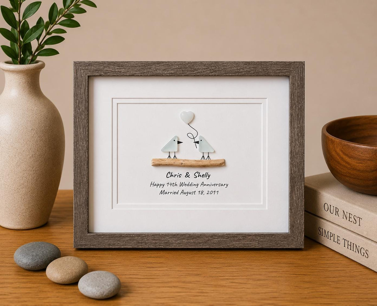14th Wedding Anniversary Personalized Gift, 8x10” Framed Sea Glass Art, Opal / Ivory Anniversary Gift for Parents, Wife, Husband
