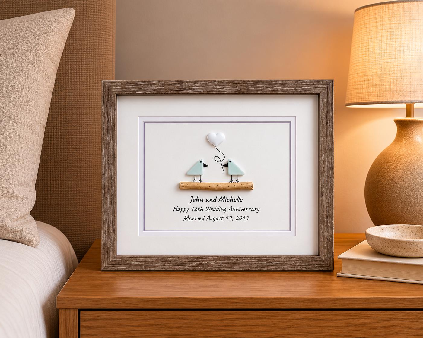 12th Wedding Anniversary Personalized Gift, 8x10” Framed Sea Glass Art, Silk / Linen Anniversary Gift for Parents, Wife, Husband