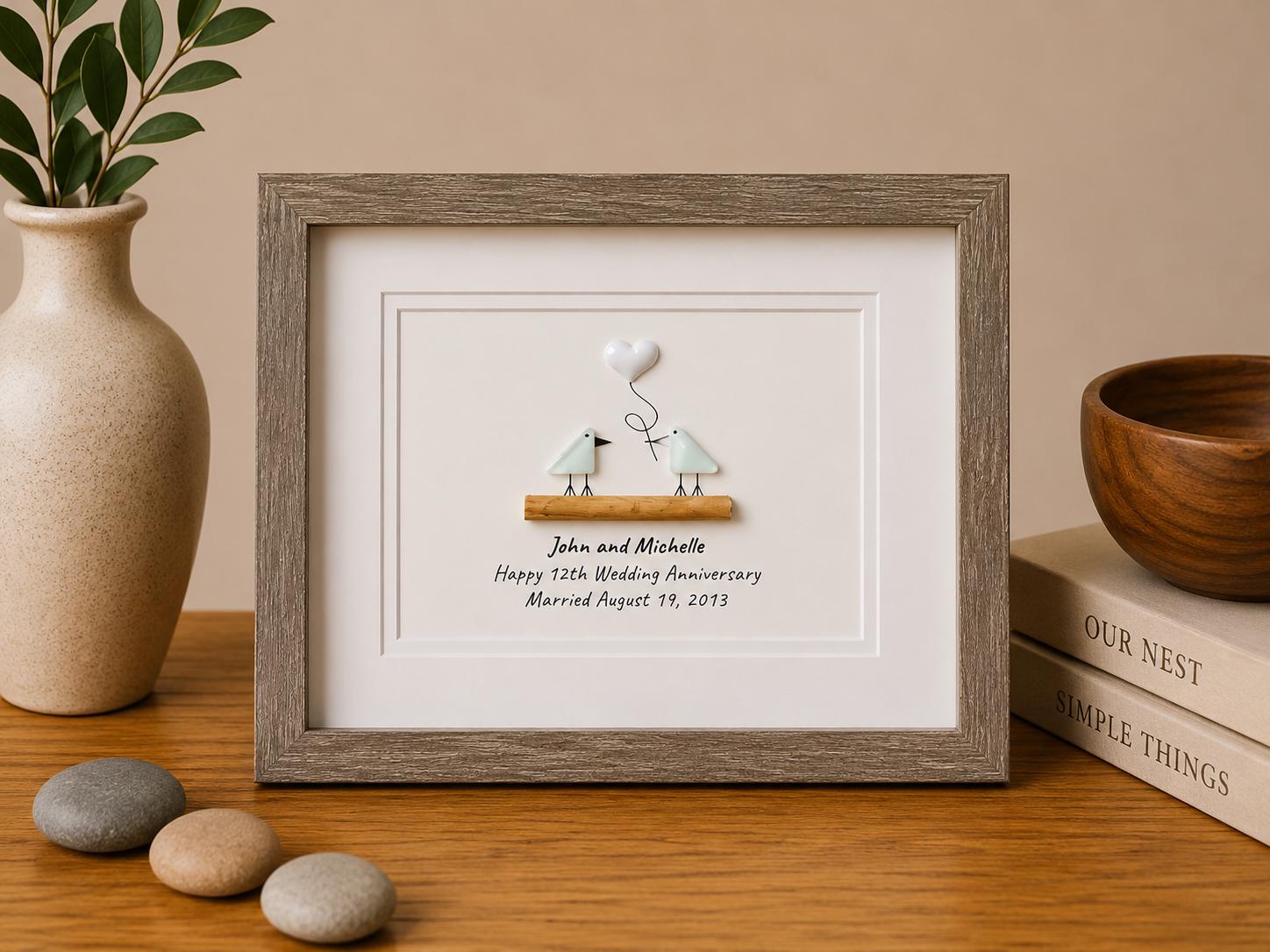 12th Wedding Anniversary Personalized Gift, 8x10” Framed Sea Glass Art, Silk / Linen Anniversary Gift for Parents, Wife, Husband