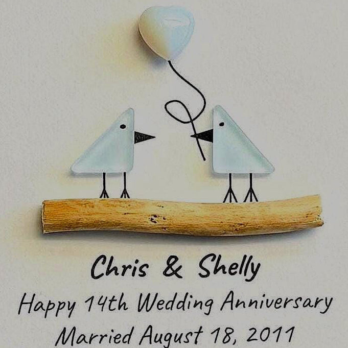 14th Wedding Anniversary Personalized Gift, 8x10” Framed Sea Glass Art, Opal / Ivory Anniversary Gift for Parents, Wife, Husband
