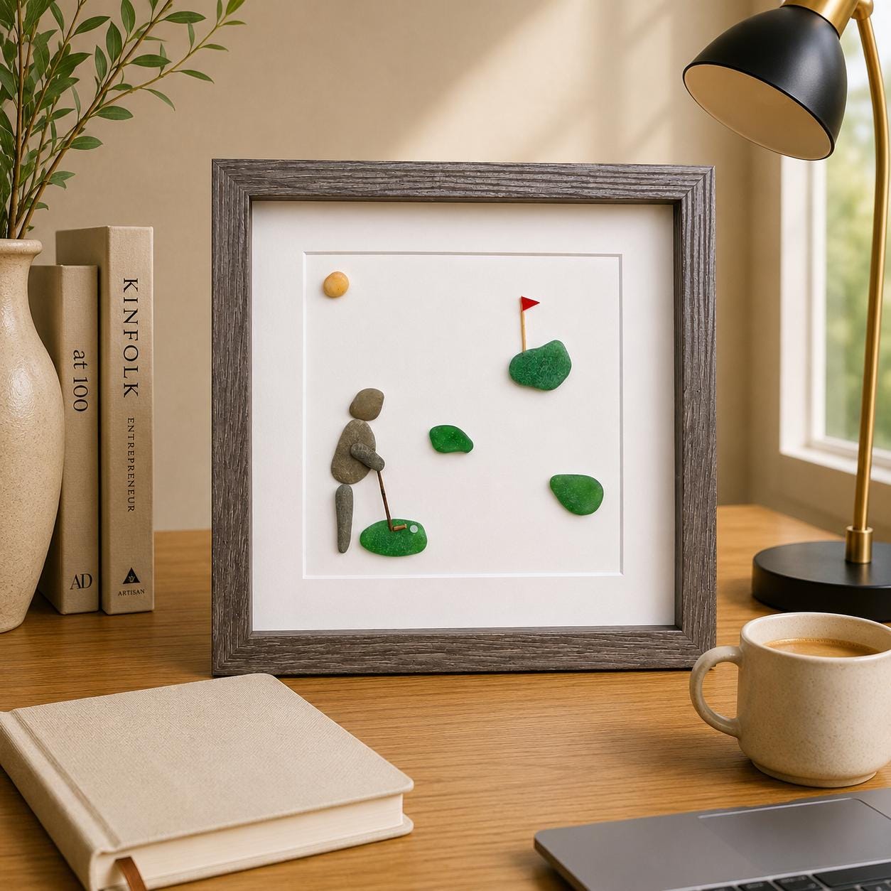 Golf Pebble and Sea Glass Art, 8x8” Framed Gift for Golfer