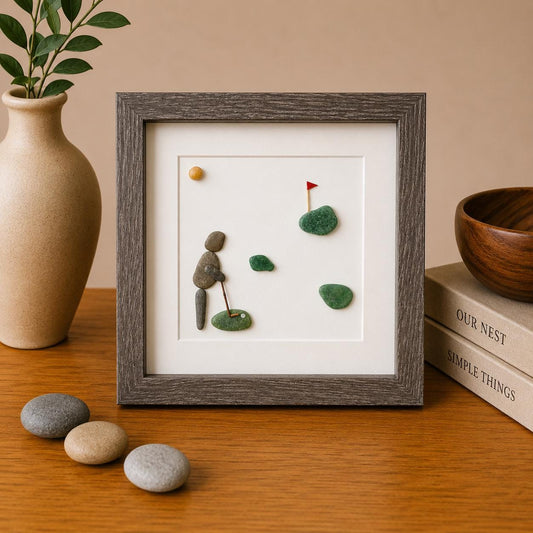 Golf Pebble and Sea Glass Art, 8x8” Framed Gift for Golfer