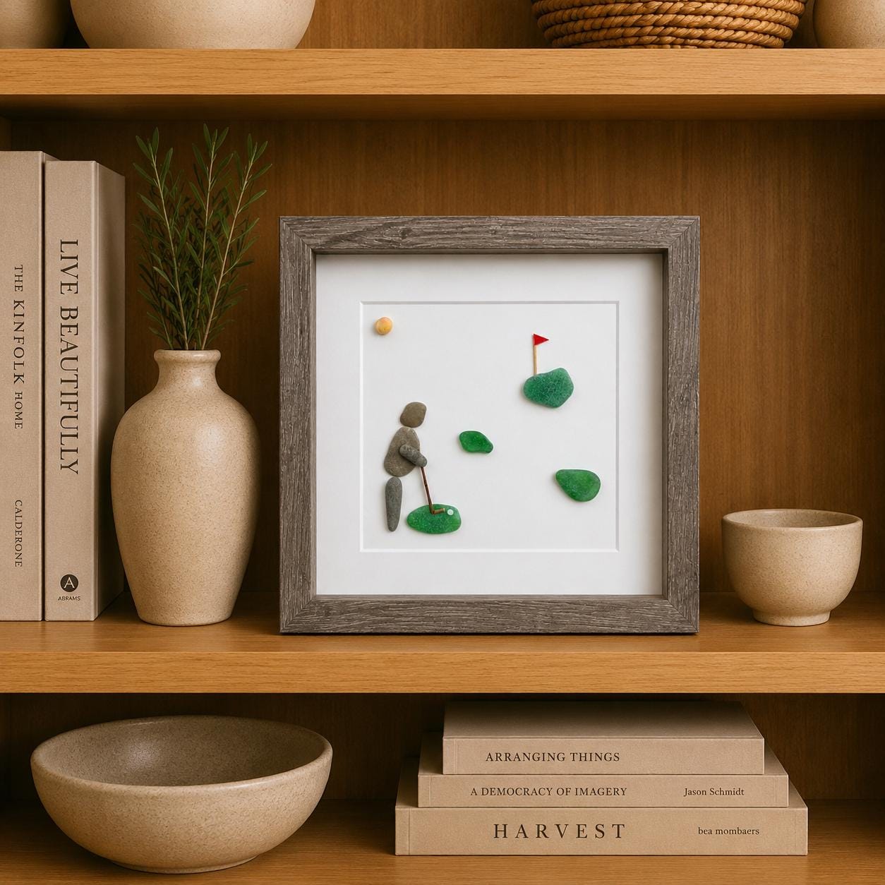 Golf Pebble and Sea Glass Art, 8x8” Framed Gift for Golfer