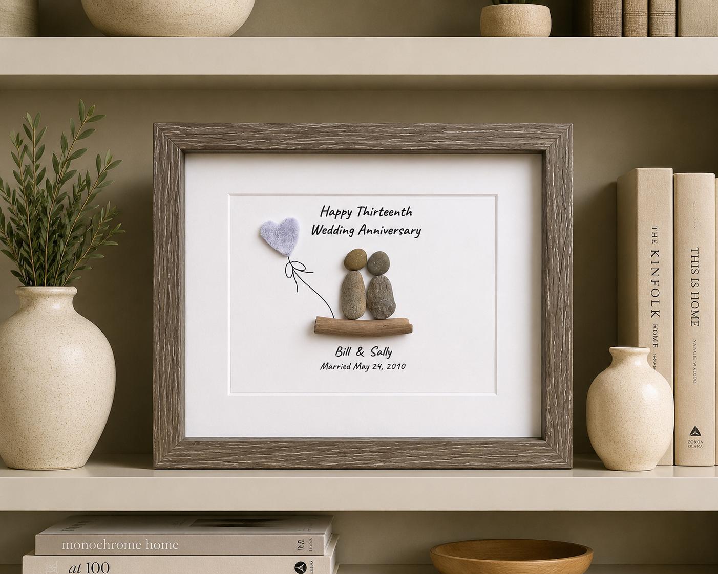 13th Wedding Anniversary Gift | Personalized Pebble Art with Lace Heart, Driftwood & Frame | Custom 8x10 Artwork for Couples