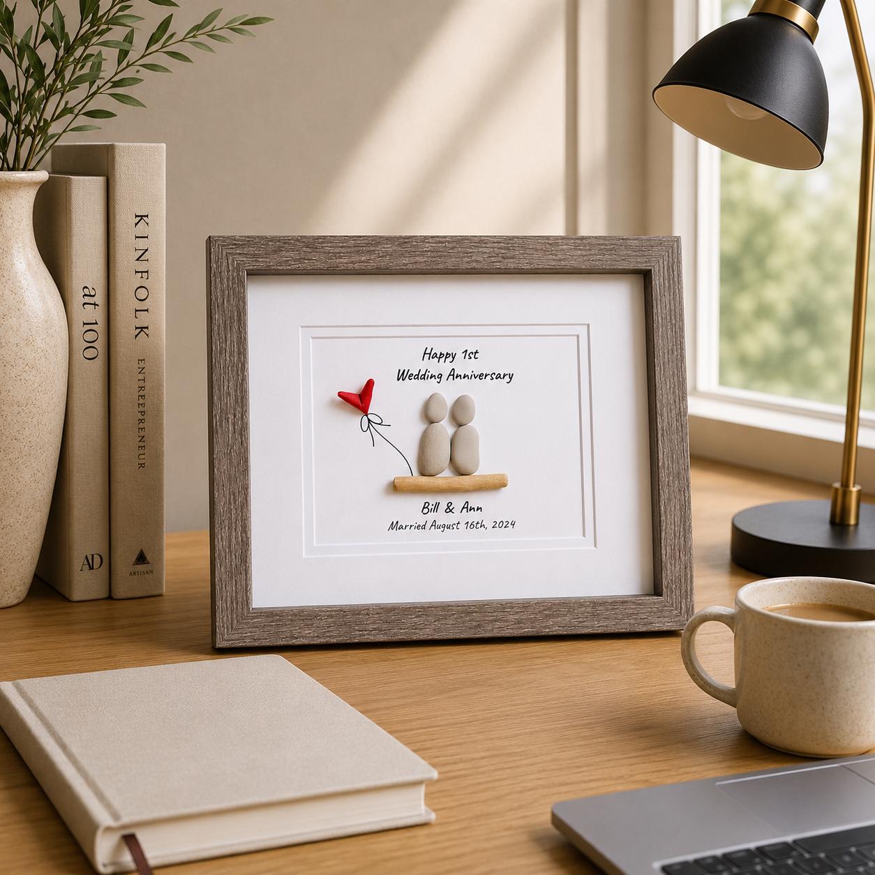 1st Wedding Anniversary Pebble Art | Paper Anniversary Gift With Red Heart