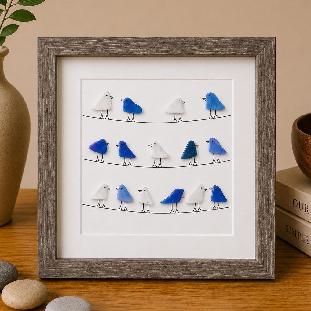 Blue and White Sea Glass Birds Sitting on Power Lines | Unique Bird Art | Framed Gift for holidays, friends, family | 8x8 Sea Glass Art