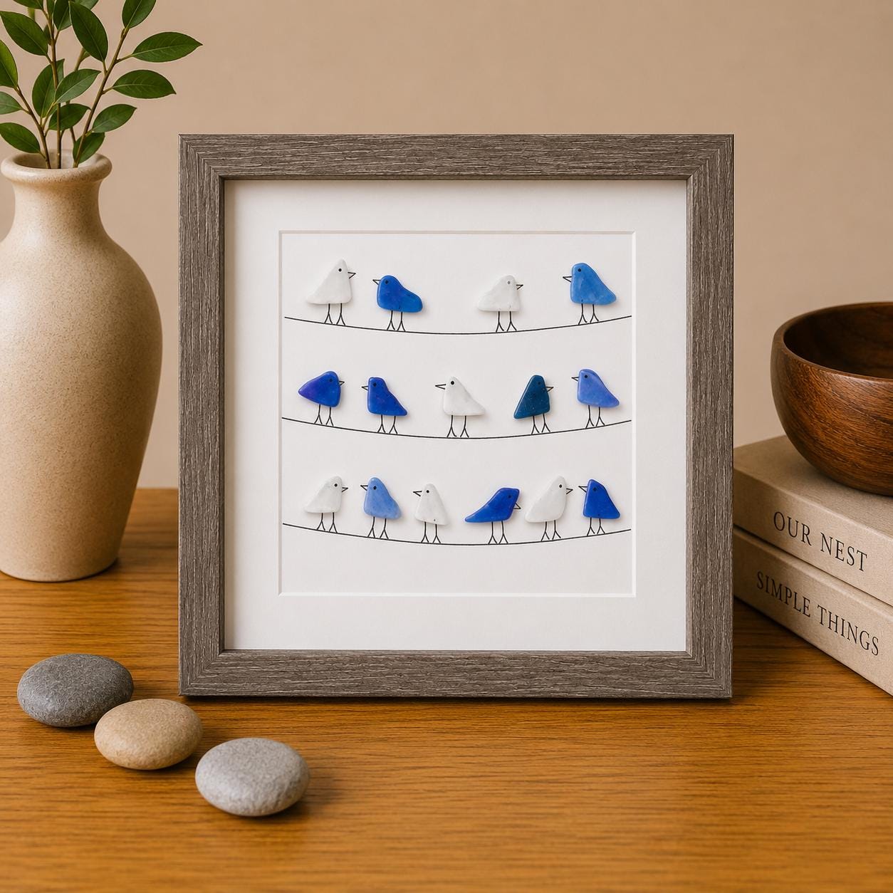 Sea Glass Birds on Wire, Coastal Framed Art, 9x9 Original Artwork