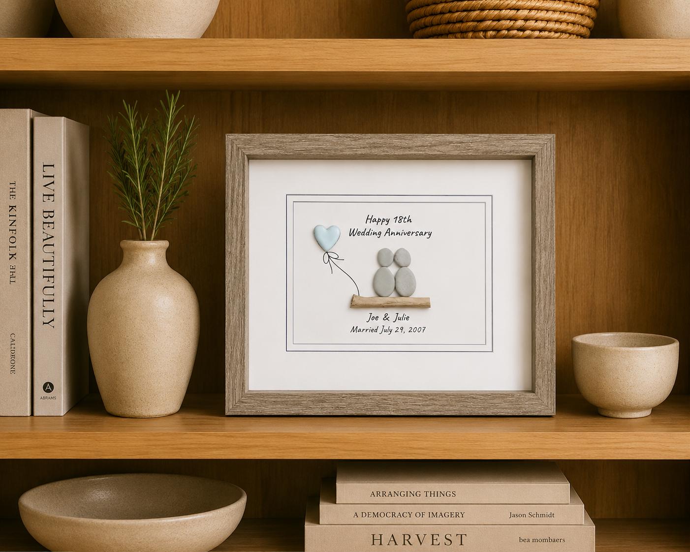 18th Wedding Anniversary 8x10" Framed Pebble Art, Personalized Porcelain Anniversary Gift from Parents, Wife, Husband, Friends