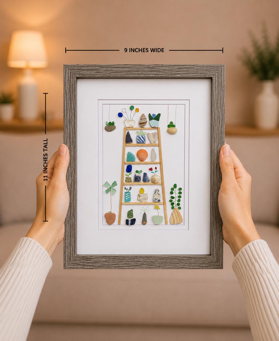 Sea Glass Plant Collage, Framed Beach Pebble Art (8x10)